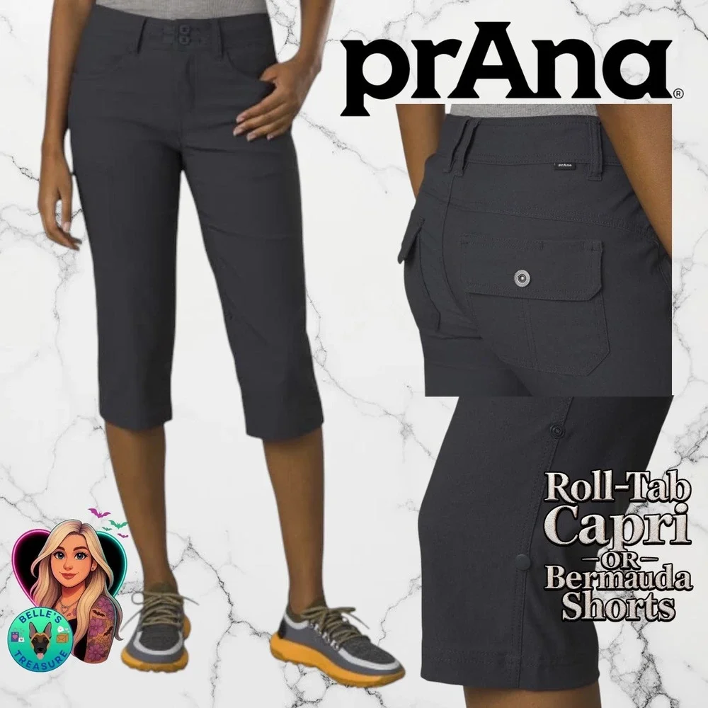 Prana Womens 2 Halle II Roll-Tab Capri Bermuda Shorts Grey Hiking Outdoor ReZion